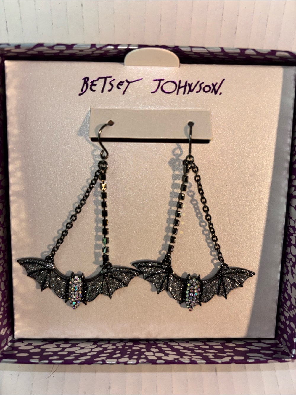 Betsey Johnson Gunmetal Glitter Bat Dangle Earrings with Iridescent Crystals